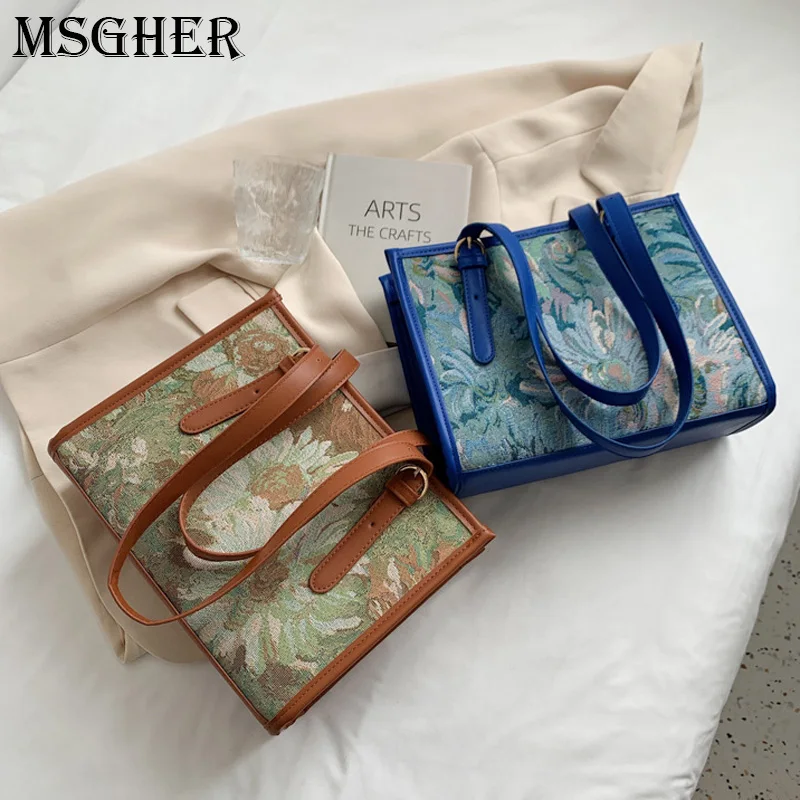 

Flower Print Women Flap Bag Female Vintage Big Contrast color Bow Large Tote bag Armpit bag 2021 PU Leather Bag B864