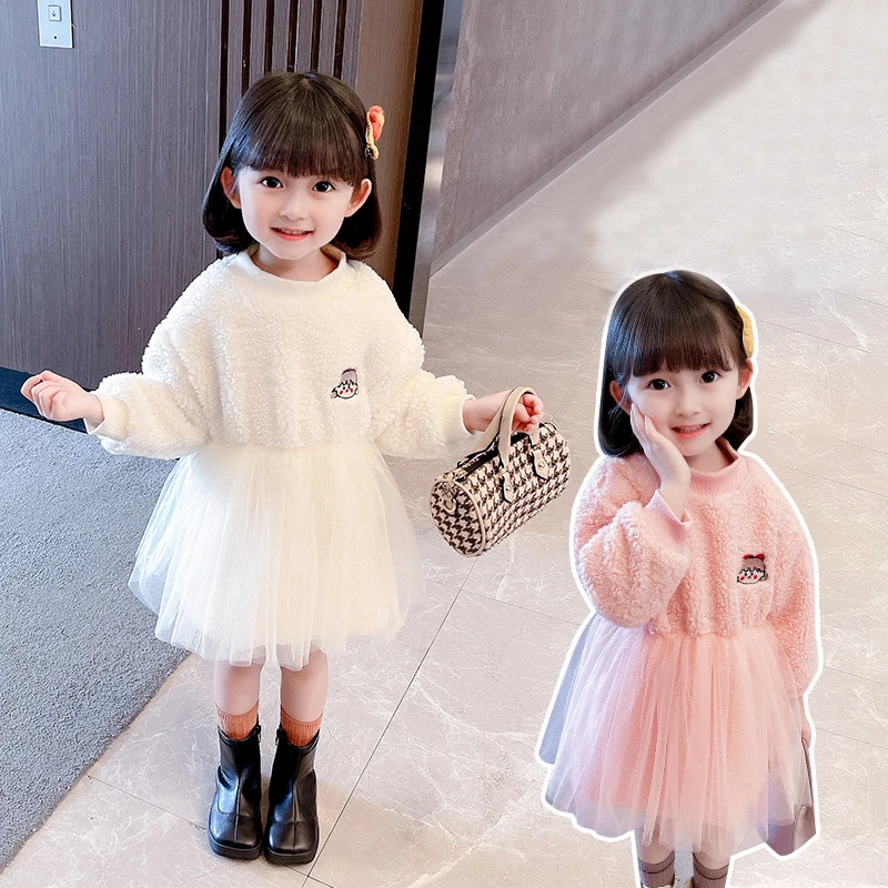 

Зимнее платье для девочек с бархатной юбкой, Новое Детское платье-свитер с подкладкой, платье принцессы, юбки для девочек на осень и зиму