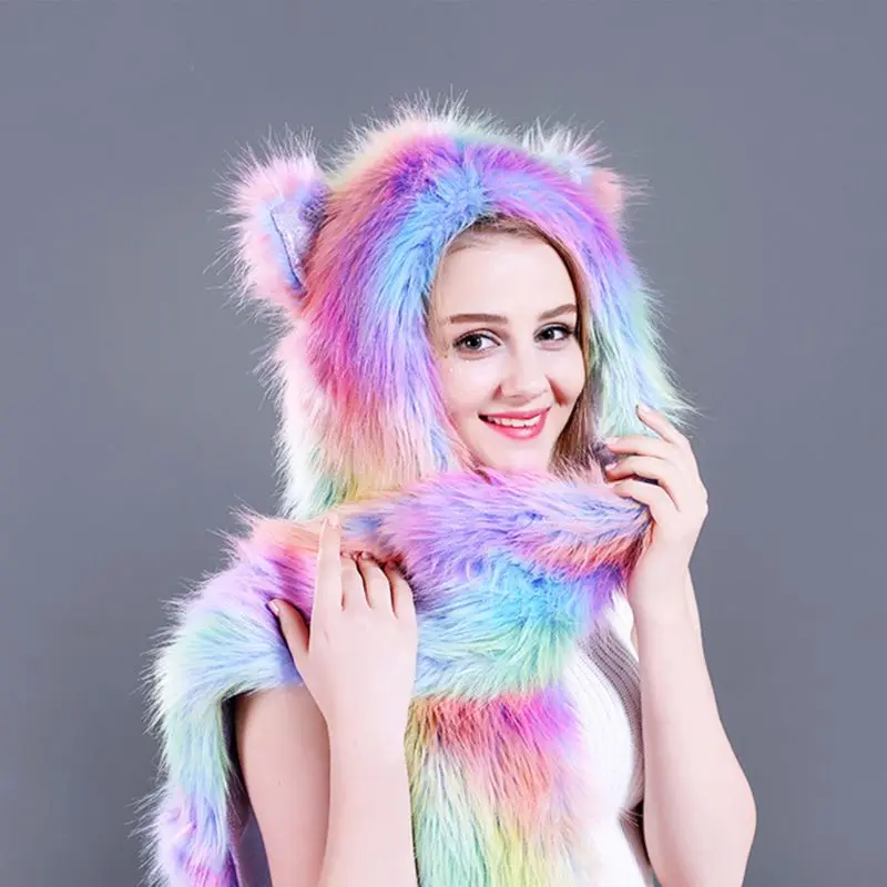 

3 In 1 Unisex Rainbow Fluffy Plush Wolf Hat Hoodie Animal Ears Paws Scarf Gloves