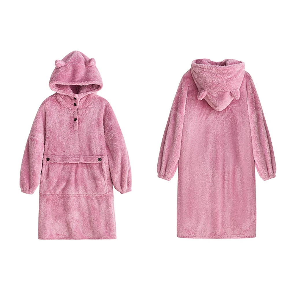 Cute Animal Ears Button Hooded Bathrobe Dresses Men Couples Autumn Winter Flannel Thick Warm Stretch Dressing Gown Female Kimono