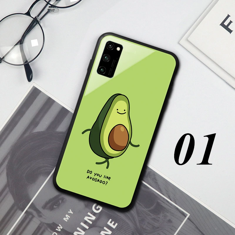 

For Huawei P40 Pro Plus p40 Lite E Case Green cute Avocado Hard Tempered Glass back silicone Cover For Huawei P30 Pro Casing