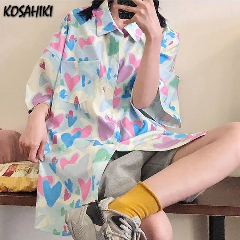 

KOSAHIKI Harajuku Cute Blouse Women Heart Print Ins Shirt 2021 Summer Ulzzang Japanese Kawaii Blusas Ladies Female Korean Top