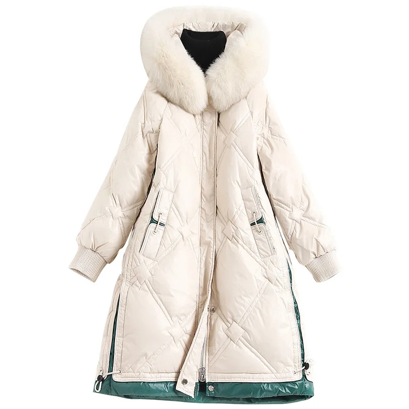 Fur Winter Coat Hood Fox Wide-waisted Long Solid Zipper 90% White Duck Down Jacket Women Futro Damskie Naturalne
