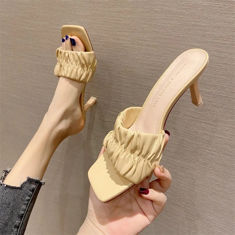 

2021 Women Slippers Sandals Heels 6cm Mules Slides Fashion Slippers Outdoor Concise Female Shoes Spike Heels Pleated PU Leather