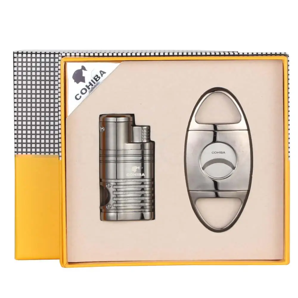 COHIBA Set Windproof 4 Torch Cigar Lighter Butane Lighters Pocket Metal Cigars Cutter Sharp Blade Stainless Steel W/ Gift Box | Дом и сад