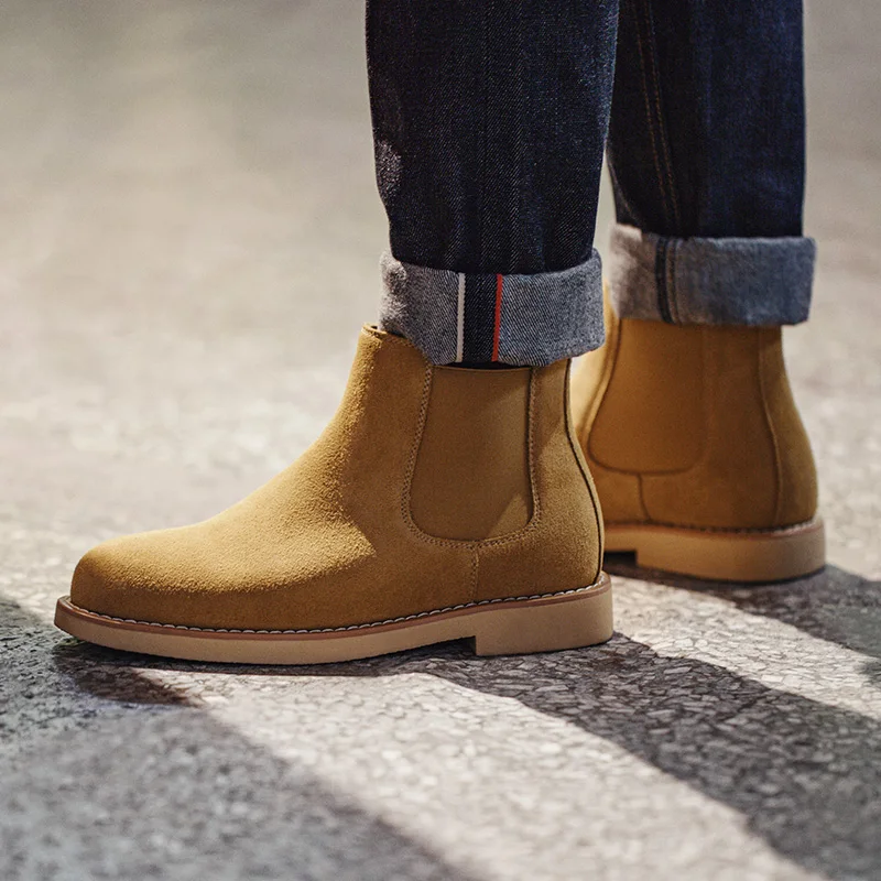 

Maden Men's Leather Chelsea Boots Cow Suede Flat Heel Round Toe British Style Tooling Boot Winter Casual Rubber Sole Short Shoes
