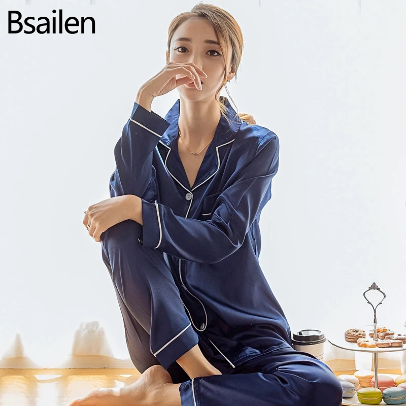 Bsailen пижамы 2 шт. Осенняя Женская одежда для сна из искусственного шелка и сатина пижамный комплект с длинным рукавом пижама костюм Женская домашняя одежда