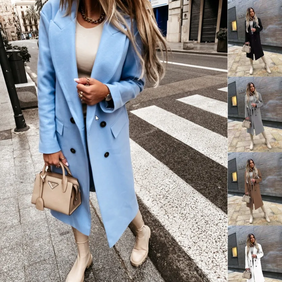 

Kalenmos Korean Fashion Jacket Winter Long-sleeved Suit Collar Double-breasted Woolen Woman Long Suit Collar Button Women's Coat