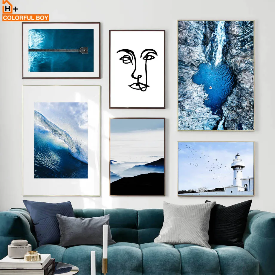 Синий морской мост Маяк абстрактные лица скандинавские плакаты и принты