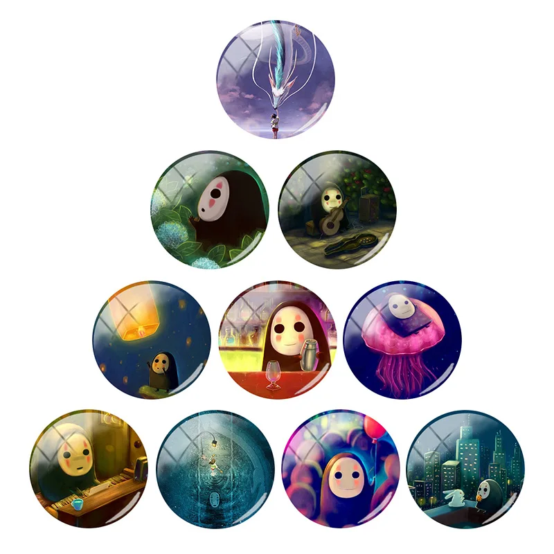 

Japanese animation No Face man Pictures 12/15/16/18/20/25/30mm Glass Cabochons Dome Flat Back For DIY Jewelry Making 10pcs/Lot