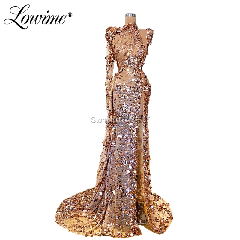 Dubai One Shoulder Beading Illusion Arabic Mermaid Evening Dress Sequins Sexy Prom Dresses Long Sleeve Formal Dress 2020 Dubai