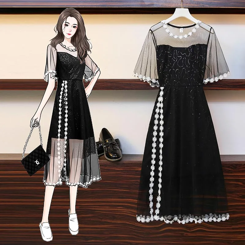

EHQAXIN Summer Plus Size Women's Dress New Fashion A-Line Mesh Lace Sequin Stitching Fairy Dresses Elegant Ladies Style M-4XL