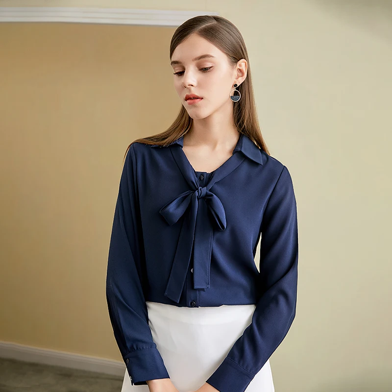 

Mei, Navy Blue Chiffon Shirt Female Outerwear Versatile Stand Collar Long Sleeve Bowknot Work Elegant Top Autumn