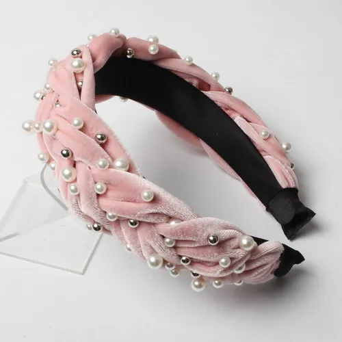 Pink Жемчужные Украшенные повязки для волос бархатные толстые повязки для волос для дам широкая головная повязка оплетка для волос RetroTwist аксессуары для волос в виде тюрбана - Цвет: Pink