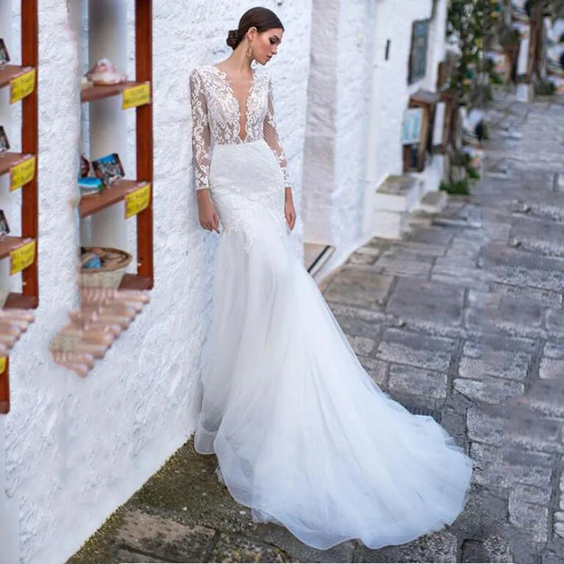 

Mermaid Wedding Dress Women Long Sleeves Lace Appliqued Beach Bridal Dress Sexy Backless Boho Wedding Gowns with Sleeves
