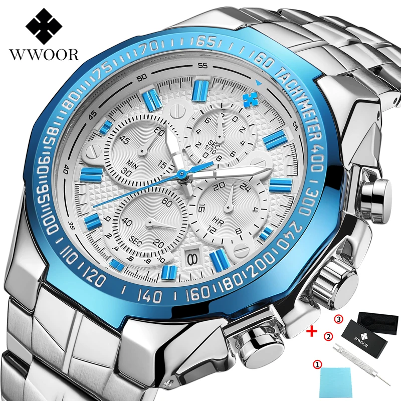 white blue WWOOR, новинка, роскошные Брендовые мужские часы, ремешок из нержавеющей стали, спортивные водонепроницаемые часы, мужские кварцевые часы, часы для отдыха - Цвет: white blue
