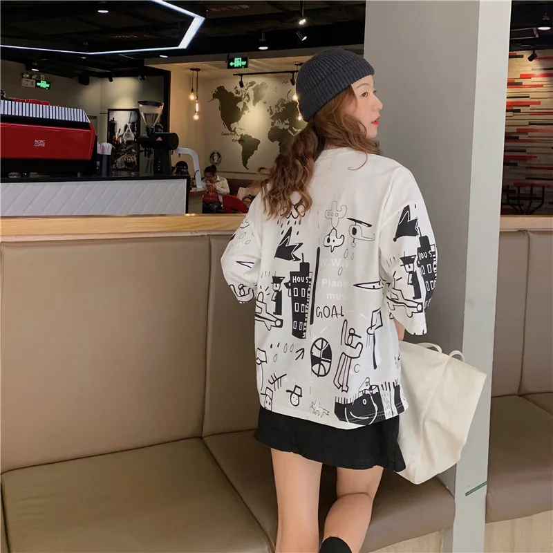 

Houthion Cotton Loose Plus Size Women's T-shirt Summer Fashion Casual New Korean O-Neck Short Sleeve Top Retro Tops