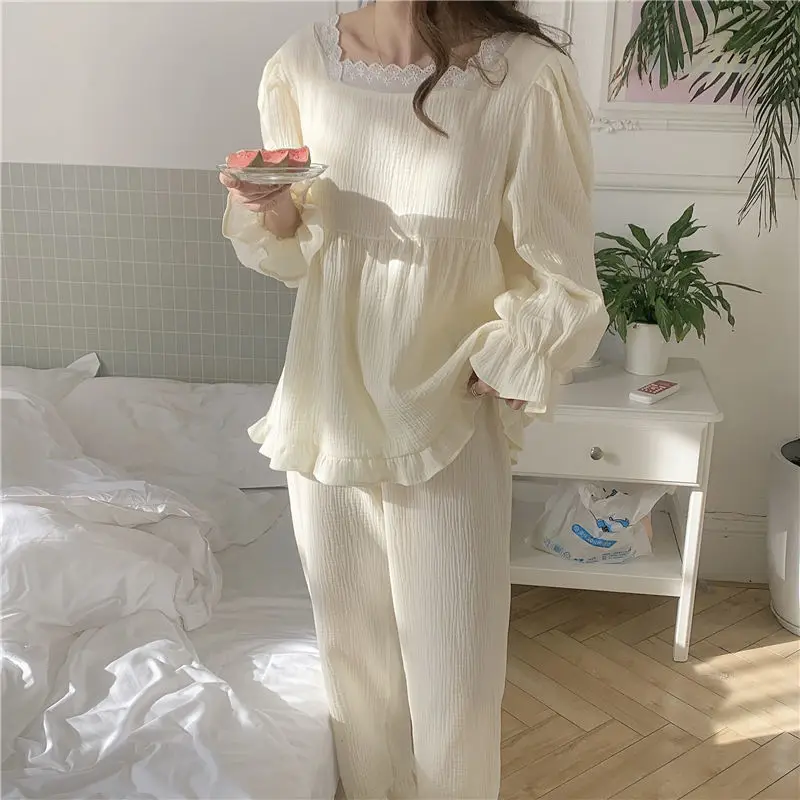 QWEEK Korean Sleepwear Women Lace Pijama Autumn Pajamas for Girls Female Set Woman 2 Pieces Pyjamas Long Sleeve Nightwear Suit