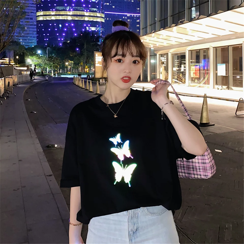 

Korea Reflective Short Sleeve Tshirt Summer Loose All Match T Shirt Top Women Fashion Casual T-shirt Tee Female Camisas Mujer