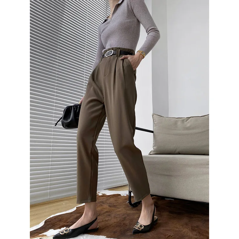 

High-waisted Woollen Thickening Black Suit Pants Women Show Thin 2021 Autumn/winter Loose Straight Ankle-Length Pants with Belt