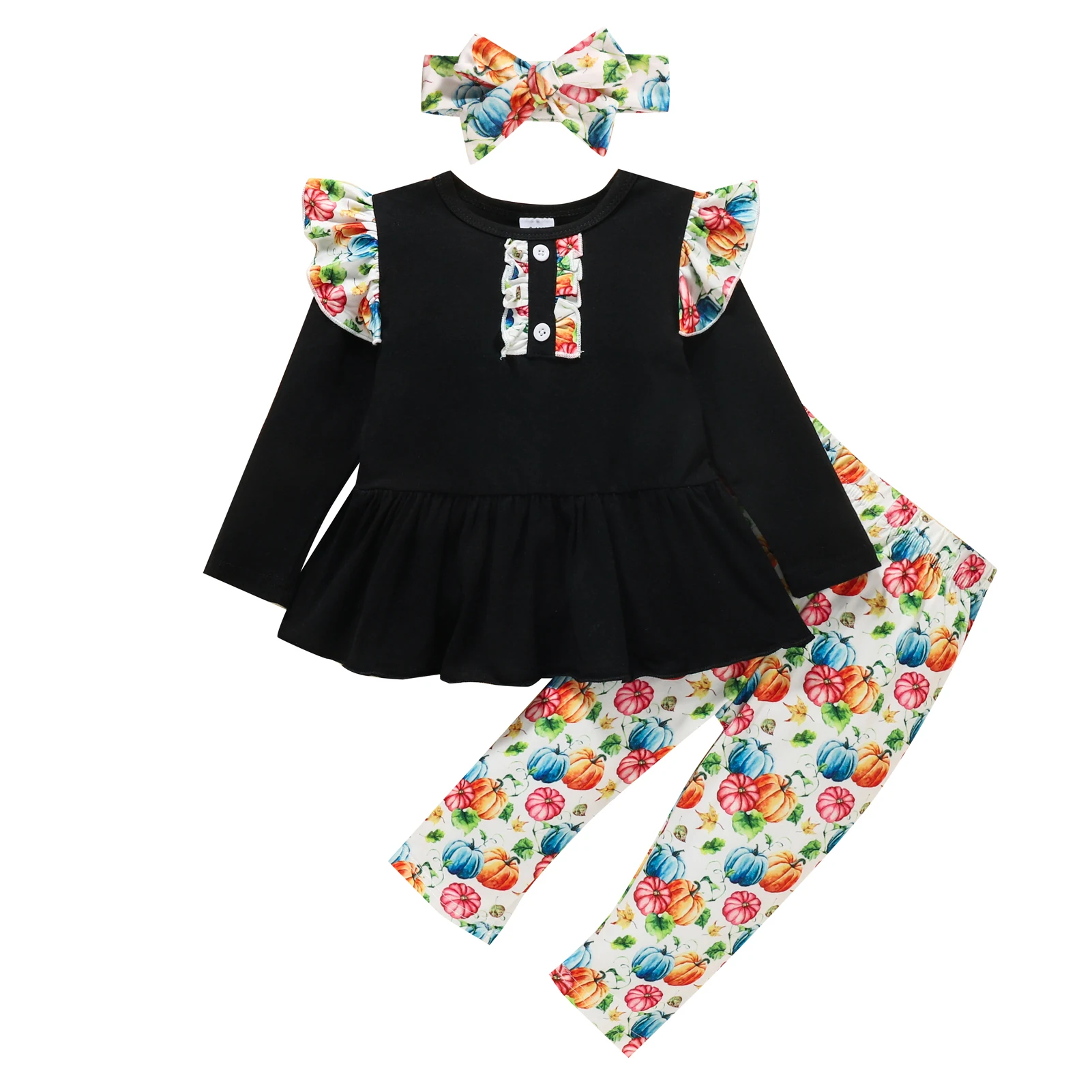 

Toddler Newborn Halloween Outfits Baby's Clothes Girls Pumpkin Print Fly Sleeve Round Neck Pullover Trousers Bowknot Headband