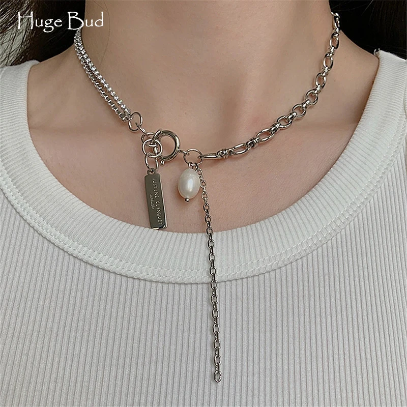 

Huge Bud Punk Chain Necklace Pearl Stainless Steel Choker Gothic Multilayer Pendant Necklaces for Women Girl Jewelry Gift Party