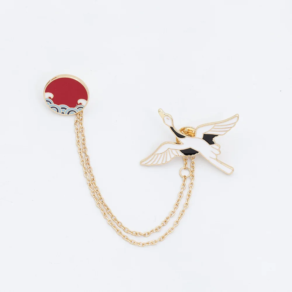 Металлическая эмалированная брошь в китайском стиле с красным солнцем и белым