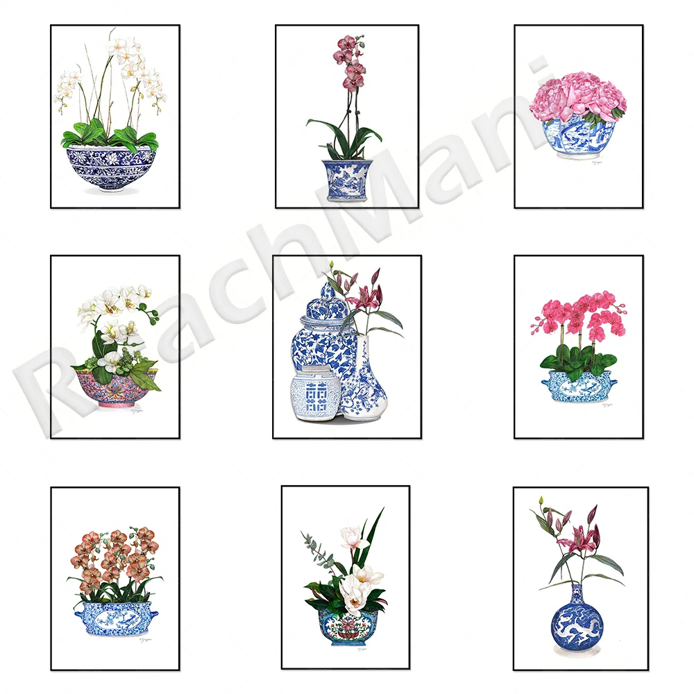 

Ginger pot bouquet watercolor Chinese style decoration canvas print floral plant poster oriental vase rose painting porcelain po