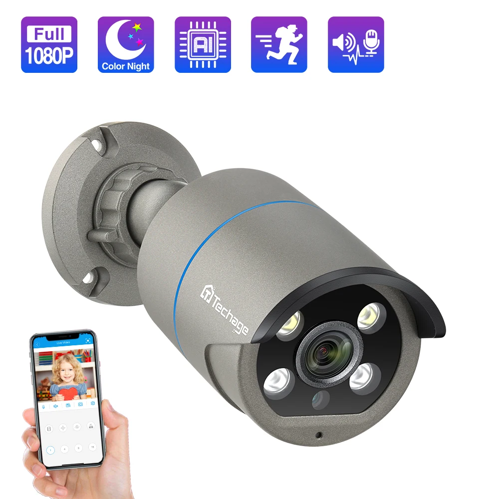 Techage 1080P POE IP Камера двухканальную аудиосвязь 48V Onvif 2MP AI видео оповещения на