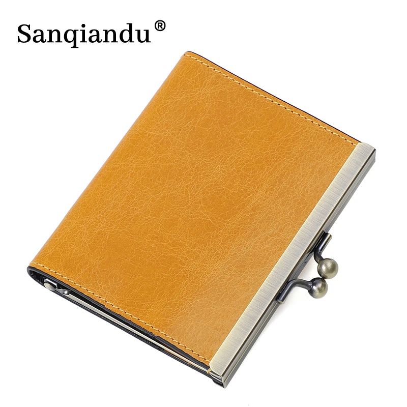 

New Arrival Vintage Women Genuine Leather Credit Card Holder Metal Frame Small Wallet Money ID Card Case Mini Purse For Female