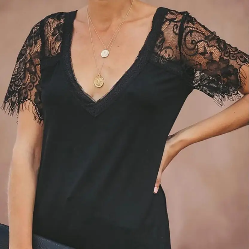 

2021 Summer Women T-Shirt Lace Short Sleeve Ladies Pullover t Shirt Party Tops Sexy V-Neck Casual Top Solid Color Female Tees