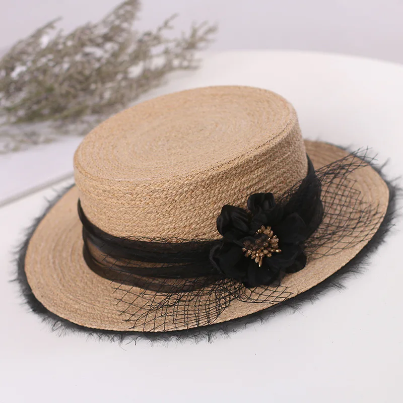 

202203-chenxin new spring handmade raffia grass lace flower Golden stamen lady fedoras cap women leisure panama jazz hat