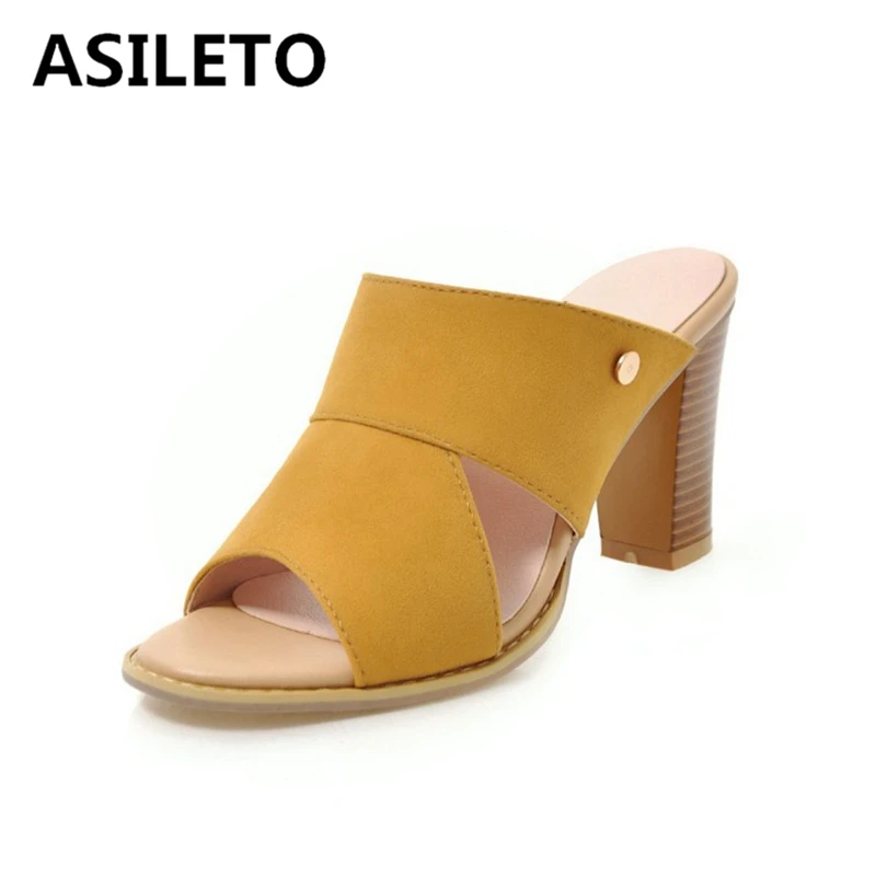 

ASILETO 2020 Spring Summer Woman Graceful Mules Peep toe 8.5cm Thick Square Heels Slip on Flock Large size 34-43 Casual S1780
