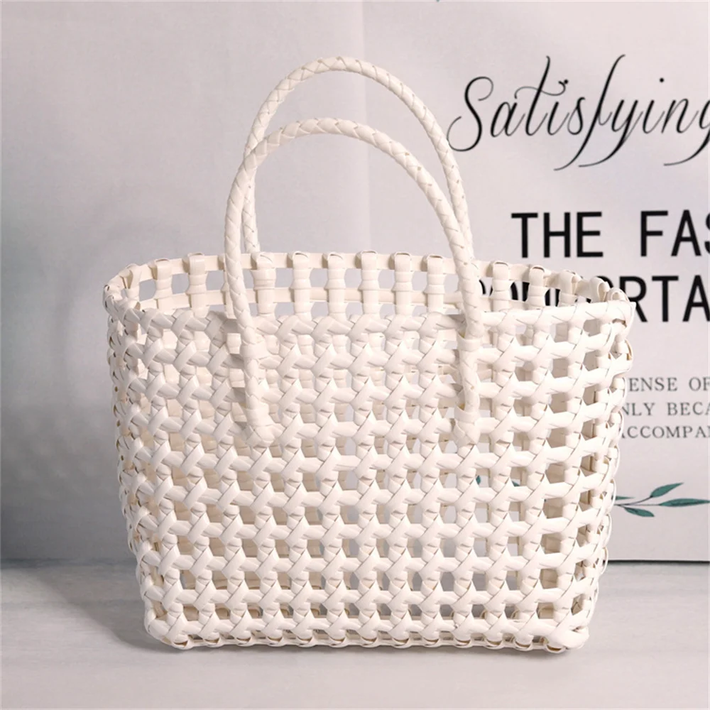 

New Manual Openwork PVC Bag Fashion Shopping Vegetbale Basket Colorful Waterproof Beach Plastic Lady Hollow Weave Handbags