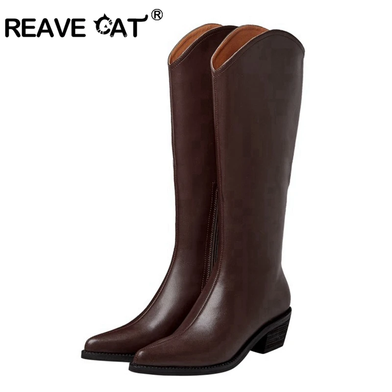 

REAVE CAT British style cowhide material zippered decorative boots pointed thick high heel side zipper rubber soles winter A3224