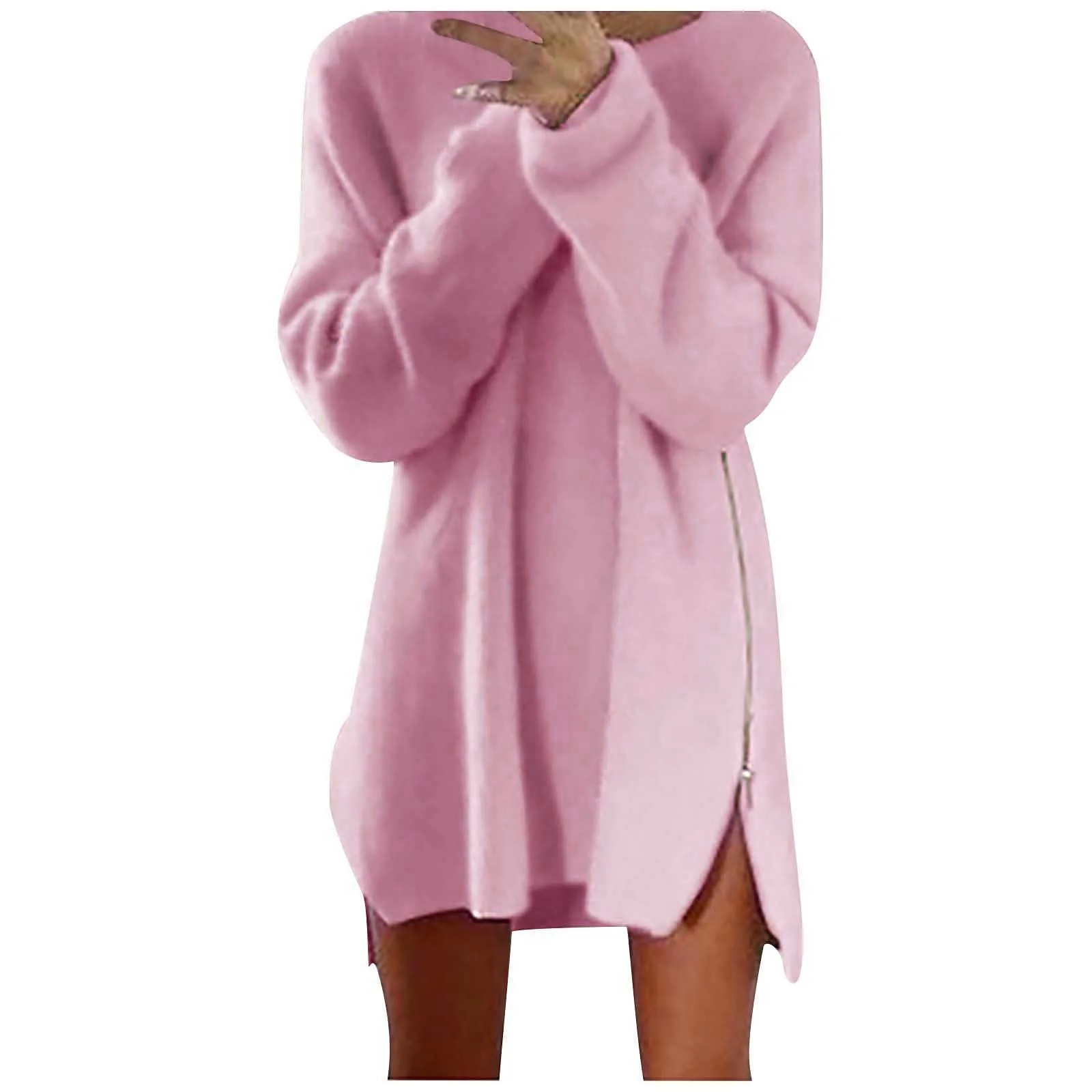 

Women O-neck Pullover Solid Color Zipper Comfortable Long Sleeves T-shirt Tops