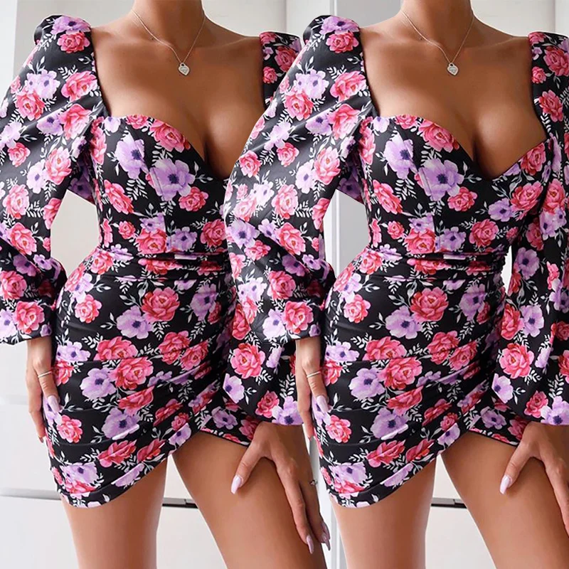 

2021 New Sexy Women Ladies Evening Party Flower Dress Sexy Prom Ball Mini Dresses Women Long Puff Sleeve Slim Club Dress