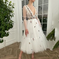 vintage embroidery lace prom dresses short 2021 flare long sleeve graduation dress dotted tulle cheap wedding party dress