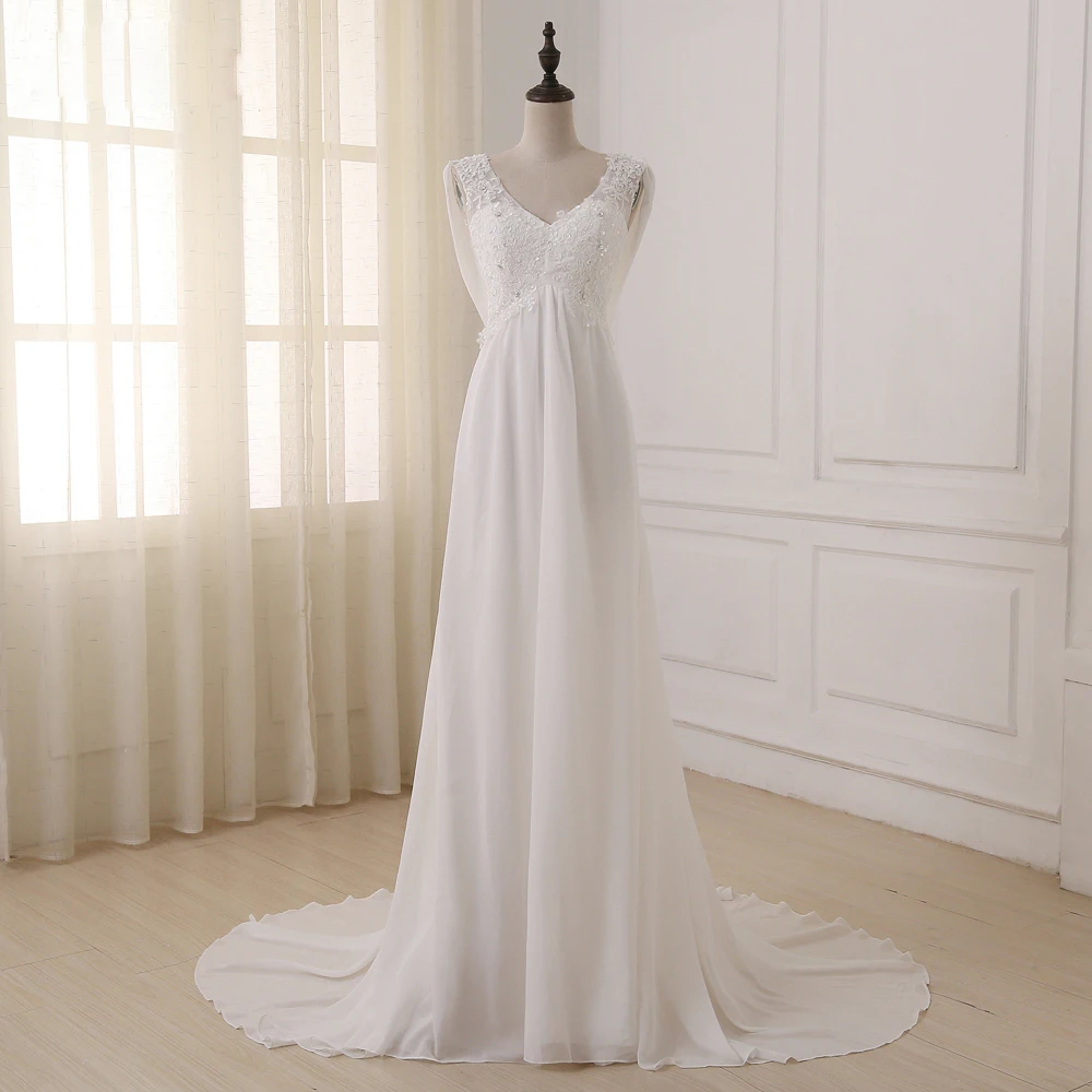 

Jiayigong White/ Ivory Beach Wedding Dress Cap Sleeve Beaded Applique Sequin A-line Empire Bridal Gowns Vestidos De Noiva