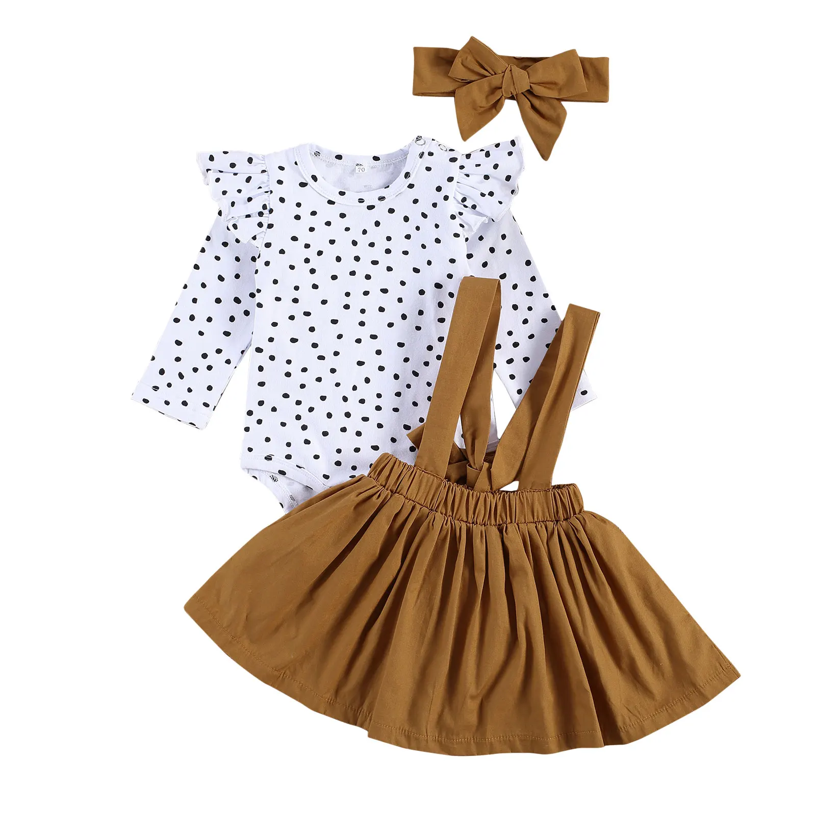 Conjunto de ropa para beb&eacute; ni&ntilde;a, camiseta de manga larga de encaje con estampado de lunares, Top de tirantes de Color s&oacute;lido, Falda corta y Diadema con lazo, 3 uds.-1
