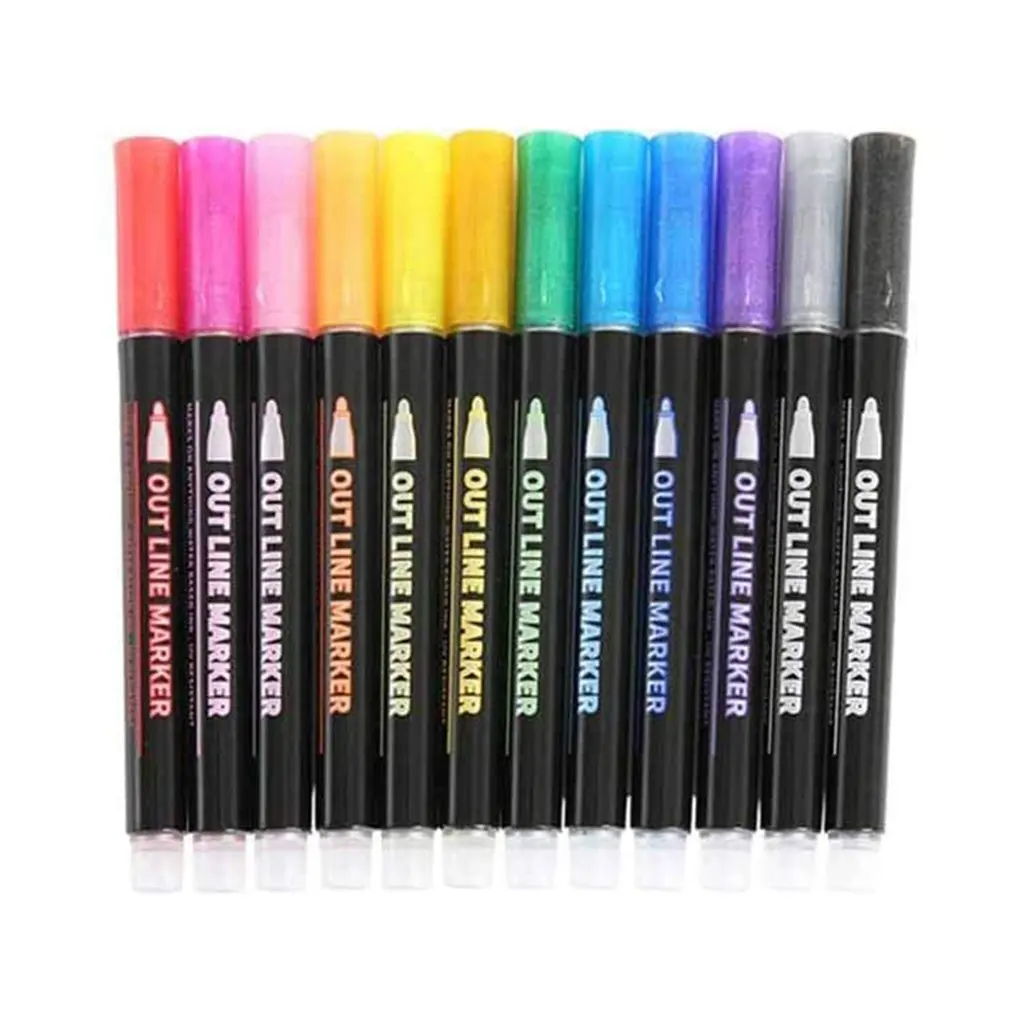 

Double Line Outline Marker Pens 12 Colours Metallic Outline Markers Pens Self-outline Metallic Markers Double Line Pen