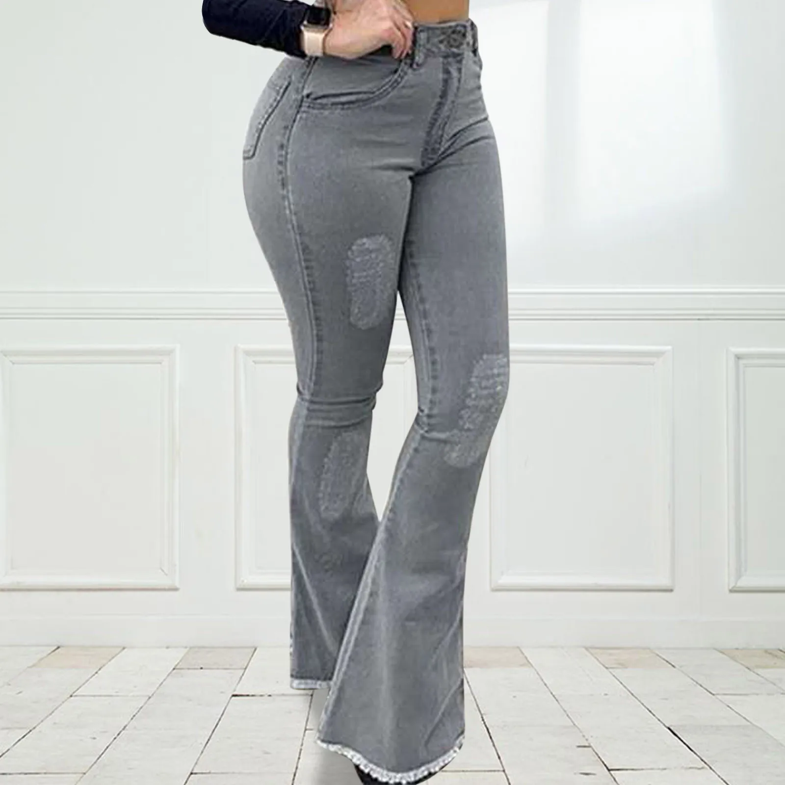 

Women's Elastic Pants Classic Solid Color High Waiste Denim Bell Botton Mom Jeans With Pockets Streetwear Vintage Clothes