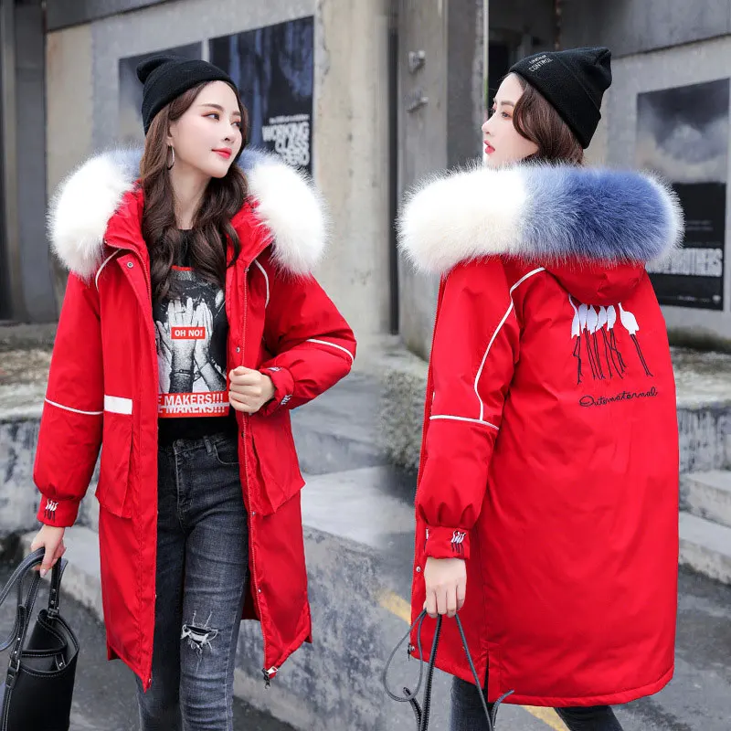 Для женщин Красочные меховой воротник с капюшоном большого размера зимнее