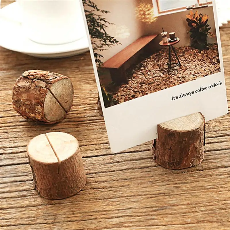 

10 Sets Creative Wooden Bark Memo Holder Wood Pile Name Place Holders Stump Shape Menu Number Memo Stand Party Table Decor