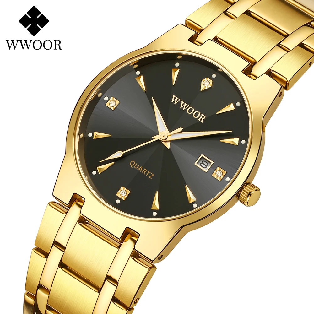 2021 Mens Watches WWOOR Top Brand Luxury Waterproof Quartz Wrist Watch Men Fashion Gold Black Stainless Steel Relogio Masculino