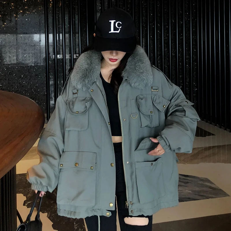 

2021 Winter Womens Parka Jacket with Fur Detachable Genuine Rex Rabbit Fur Liner Women Coat Fox Fur Collar Streetwear Women