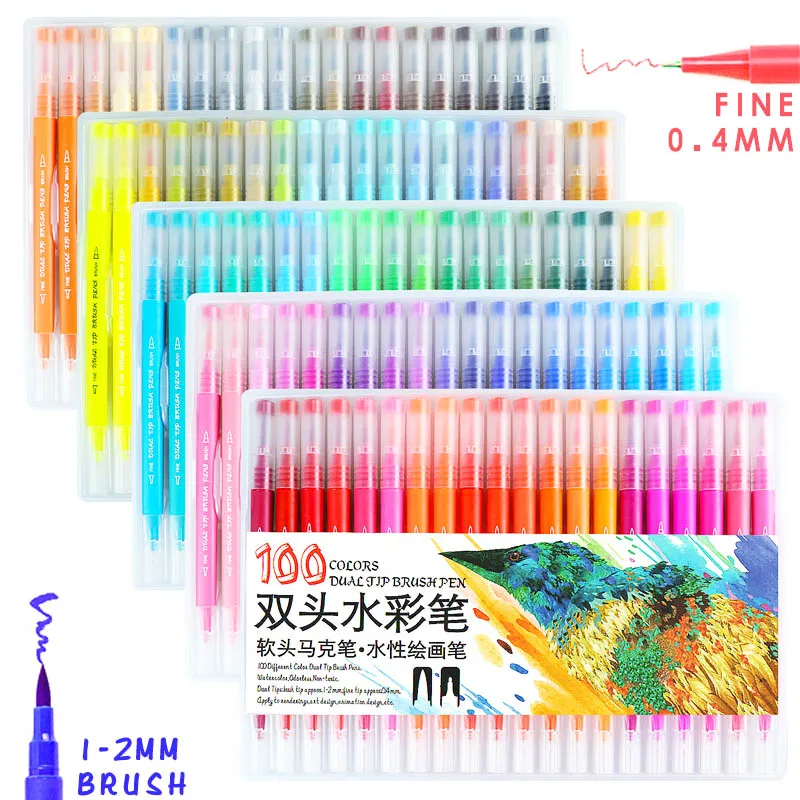 

100 Colors Art Makers Watercolor Pen Setï¼Œ Fine Tip and Brush Pen Tipï¼Œ For Calligraphy Drawing Sketching Coloring Bullet Journal