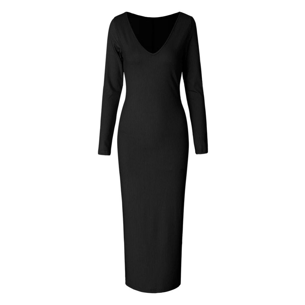 Winter Solid Color Women Long Sleeve Low Cut V-neck Knitted Bodycon Maxi Dress Women's clothing | Женская одежда