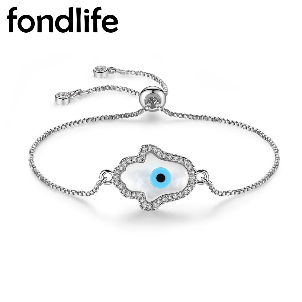 

AAA Cubic Zirconia White Shells Hamsa Hand Blue Evil Eye Chain Bracelet Women Lady Fashion Slide Adjustable Luxury Jewelry Gift