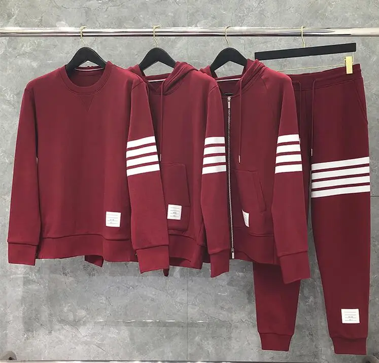 

Fashion TB 2021 THOM Brand Hooded Clothing Loose Cotton Jacket Men Women Striped Sweatshirts Hoodies Red Casual Sportswear Coat